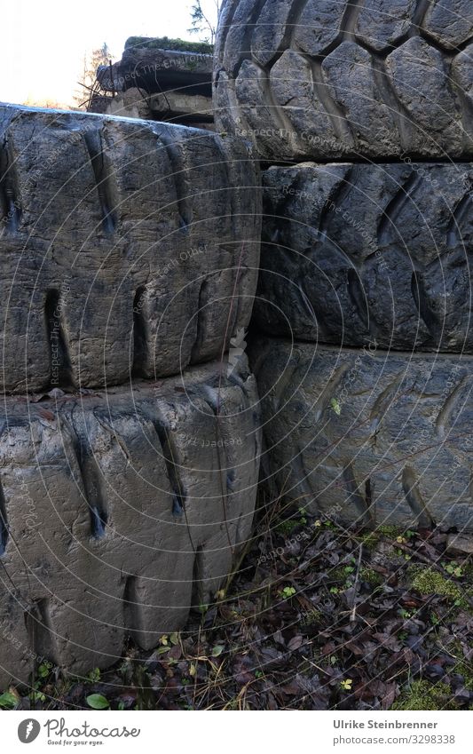 Old discarded truck tires Environment Transport Means of transport Logistics Truck Lie Dirty Dark Large Black Senior citizen Business Environmental pollution