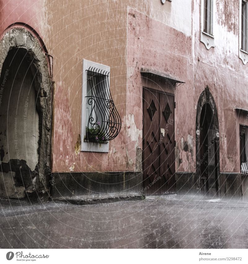 pink house in the rain Pink House (Residential Structure) Facade Mediterranean Rain Exterior shot Deserted downpour Italian Village Bad weather Old Old building