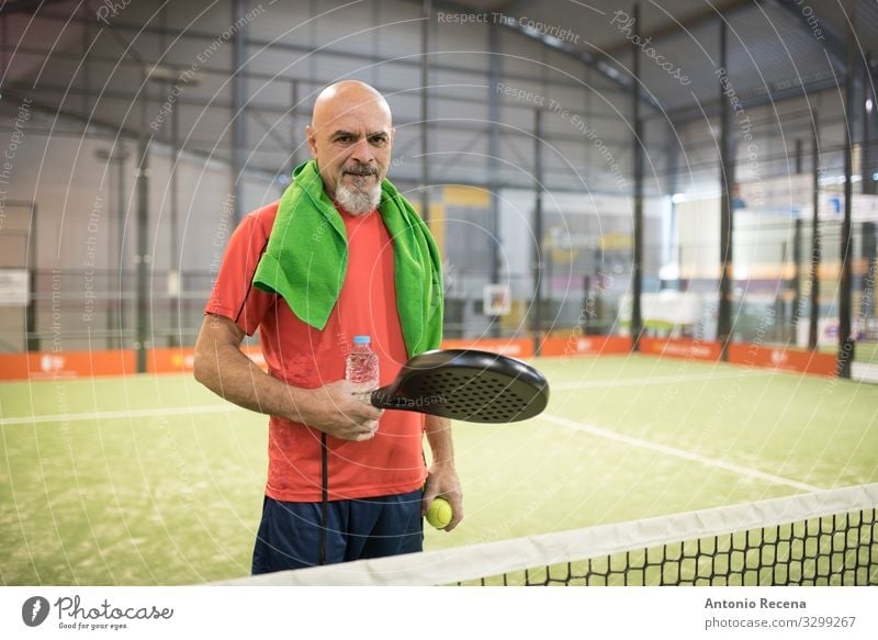Racket boss Drinking Playing Sports Human being Man Adults Bald or shaved head Beard Old senior paddle tennis training padel sportsman Mature 50s 60s Action