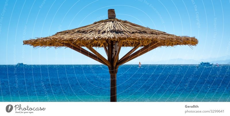 reed beach umbrella against the blue sea in Egypt Relaxation Vacation & Travel Tourism Summer Beach Ocean Mountain Nature Landscape Sky Horizon Virgin forest