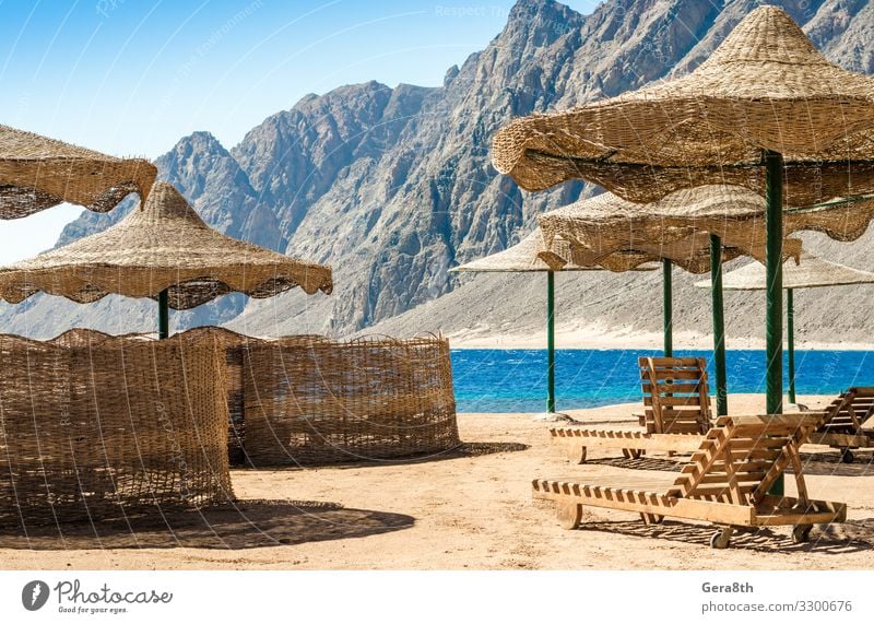 beach umbrellas and lounge chairs on the beach in Egypt Relaxation Vacation & Travel Tourism Summer Beach Ocean Mountain Sand Sky Rock Coast Wood Hot Bright