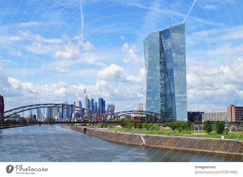 View of Main river and ECB with European skyline and financial center of Frankfurt. Skyscraper buildings in Germany on background of blue sky. Business and finance concept