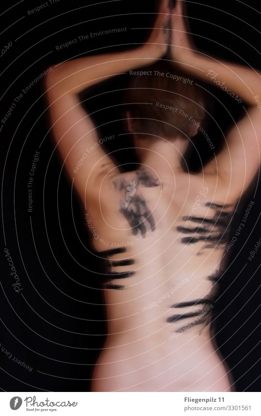 naked woman with hand prints Back Skin hands Black Colour Upper body erotic black background Eerie Cold Contrast Shadow Naked Emotions Touch Attentive Pain End