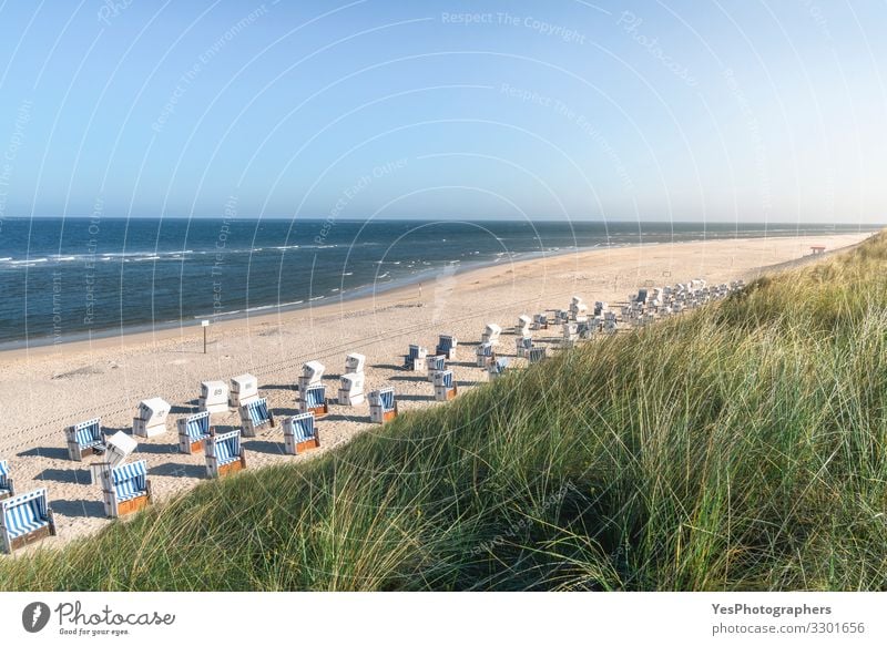 Beach landscape on Sylt island. Sand, chairs and sea Relaxation Summer Ocean Climate change Beautiful weather Coast North Sea Vacation & Travel