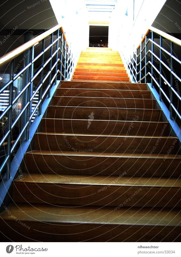 Stairs of enlightenment Light Far-off places Infinity Brown Yellow Architecture Upward Handrail Lighting Level Perspective Hollow Door Tall Blue