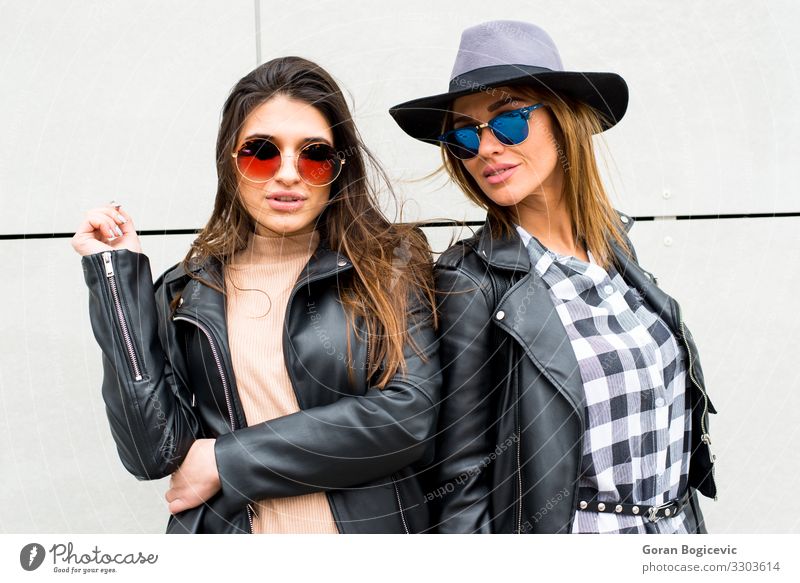 Two young modern girls on the street Lifestyle Style Beautiful Human being Feminine Young woman Youth (Young adults) Woman Adults Friendship 2 18 - 30 years