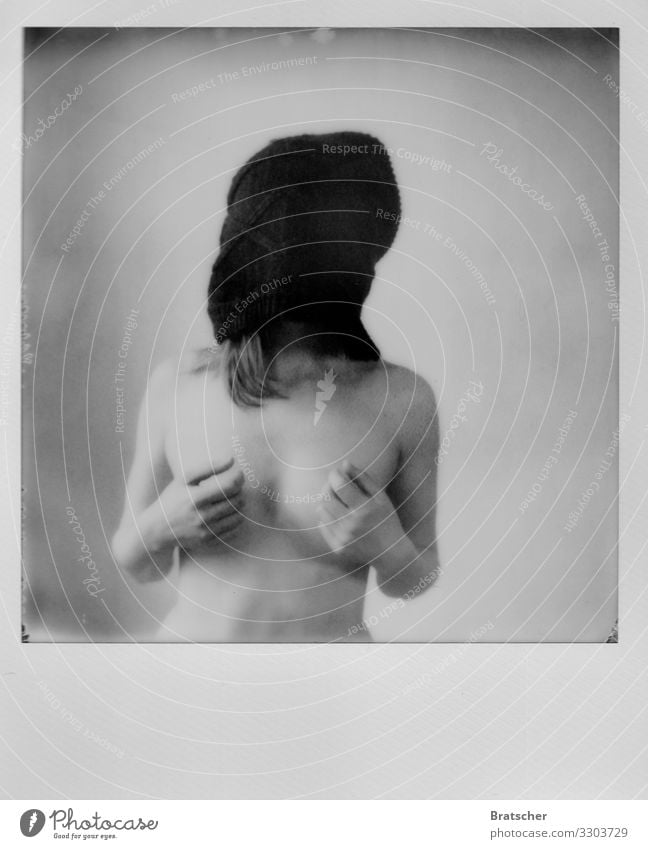 o.t. Nude photography Copy Space bottom Polaroid Anonymous Protection Girl Woman gender Hand Analog Black & white photo Scarf Demonstration Nature Password