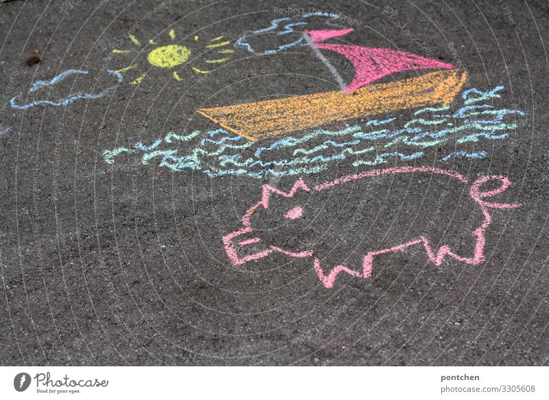 Colourful children's drawings made of street chalk on asphalt. Leisure and hobbies Playing Draw Chalk Multicoloured Dye Children's drawing Tar Asphalt Swine