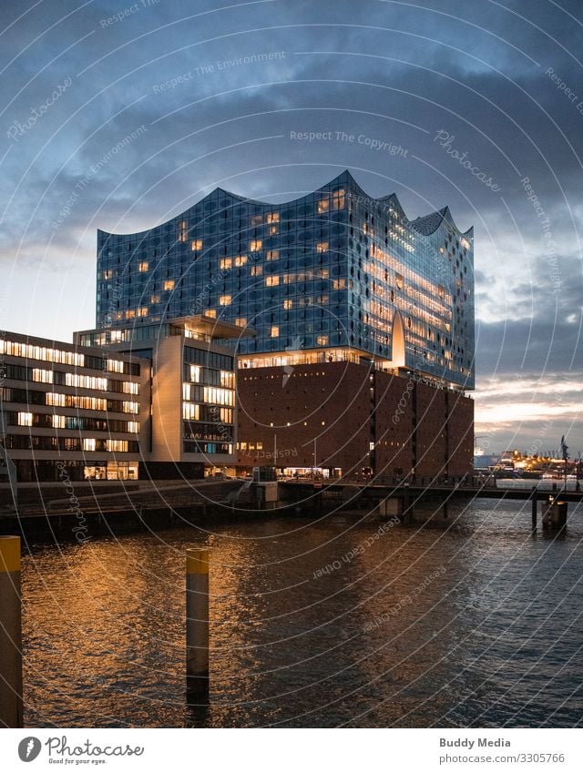 Elbphilharmonie (Elphi) in Hamburg Water Sky Clouds Night sky Sunrise Sunset River bank Elbe Germany Town Port City Downtown Old town