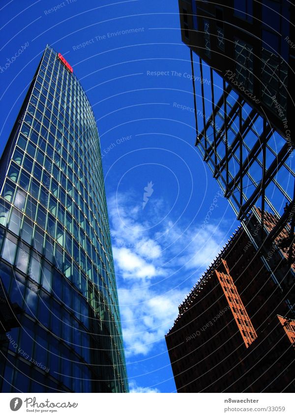 Up, up to the Sky Potsdamer Platz High-rise Architecture DB tower Berlin Perspective Contrast Blue Shadow Steel carrier