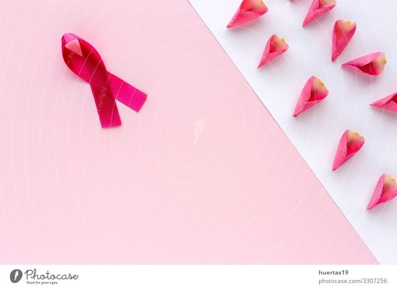Pink ribbon on a colored background. Cancer Lifestyle Healthy Health care Medical treatment Illness Medication Woman Adults Breasts String White Hope Campaign