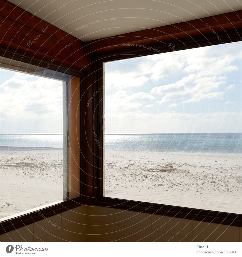 outlook Vacation & Travel Sun Beach Ocean Sky Clouds Horizon Beautiful weather Wall (barrier) Wall (building) Window Bright Loneliness Empty View from a window