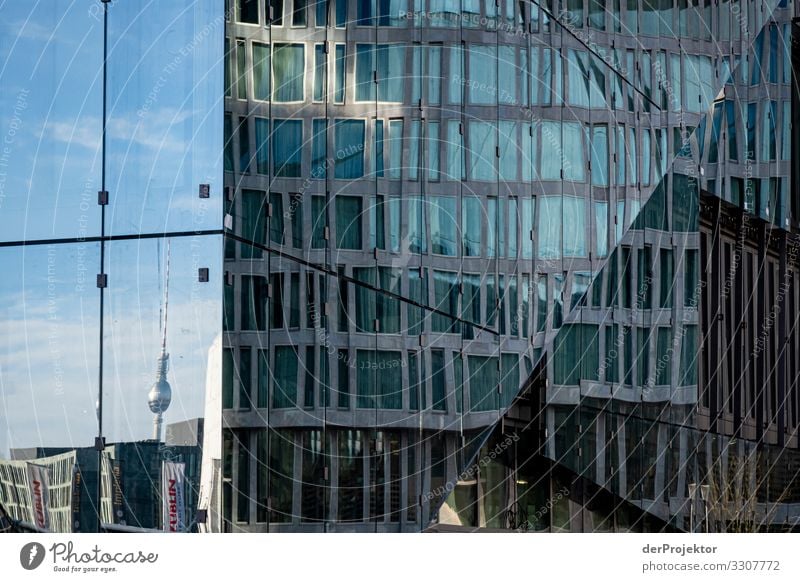 A Cube reflects the TV Tower II High-rise Mirror image Central perspective Copy Space left Copy Space top Structures and shapes Copy Space right Exterior shot