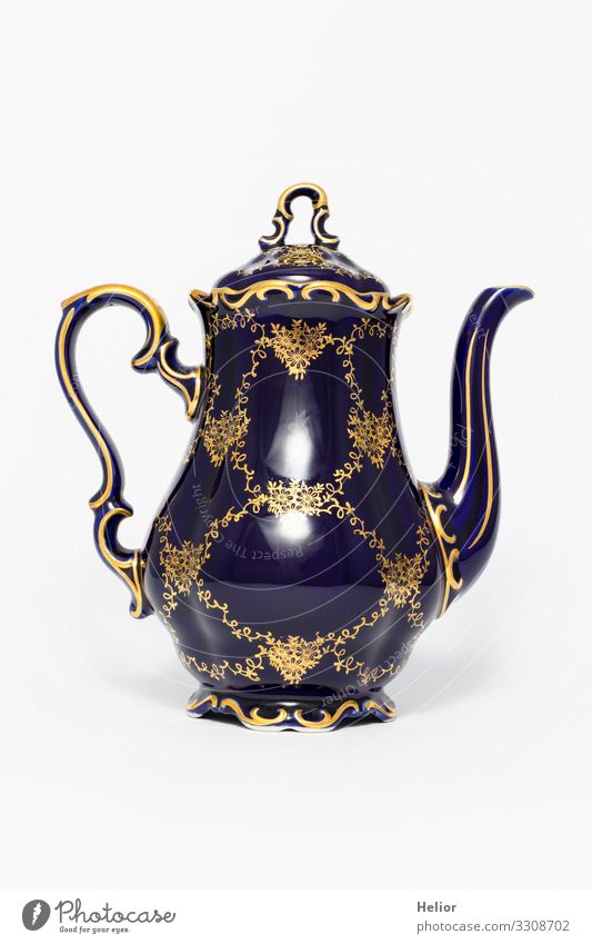 Blue porcelain teapot with golden ornaments Elegant Design Ornament Stand Glittering Rich Retro Beautiful Gold White Luxury Café Teatime Vintage Porcelain