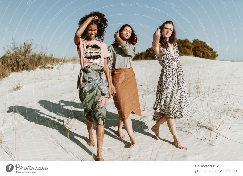 The diverse friends walking in the desert Lifestyle Elegant Style Design Joy Beautiful Adventure Summer Summer vacation Human being Woman Adults Friendship Body