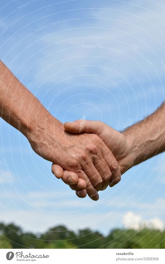 Handshake -handshake of two men hands | skin thing Summer Trade Business Meeting To talk Human being Masculine Man Adults 2 Sky Touch Brave Determination