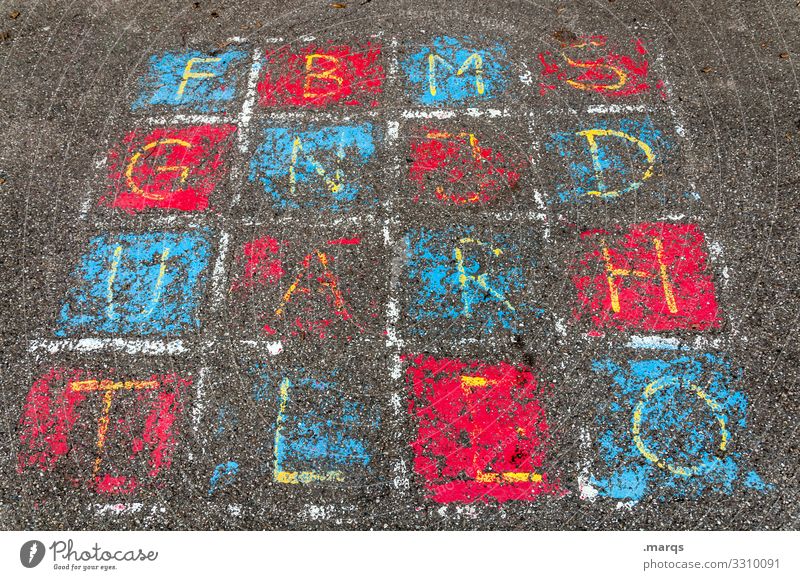 FBMSGNJDUARHTLEO Letters (alphabet) Asphalt Infancy hopscotch Hop Playing Schoolyard Red Blue Grid Children's game