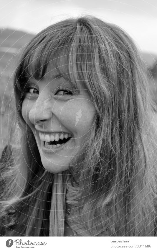 Schalk in the neck Happiness waggish bunkum funny Woman Bangs Laughter laughing Teeth black and white Happy Joy Young woman portrait Human being Face