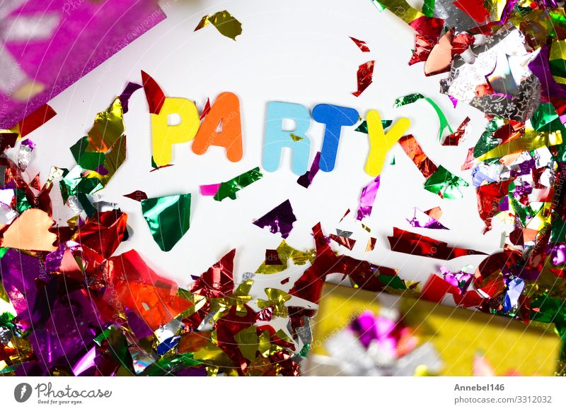 Colorful confetti and presents with the word Party, Design Joy Happy Decoration Entertainment Feasts & Celebrations Birthday Hat Paper String Glittering Bright