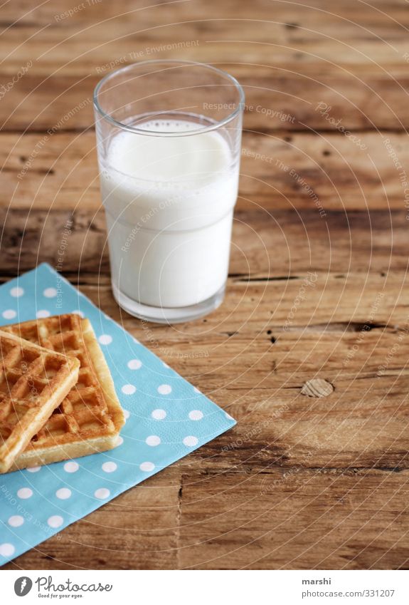 afternoon snack Food Dessert Nutrition Eating Beverage Cold drink Milk Delicious Glass Snack Waffle Wooden table Fresh Spotted Colour photo Interior shot Day