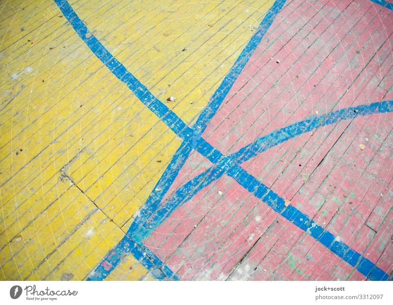 land & soil Wooden floor Marker line Dirty Simple Long Retro Under Blue Yellow Red Symmetry Past Transience lost places Derelict Ravages of time Boundary