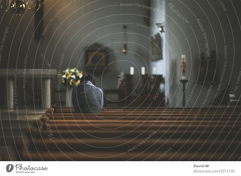 Woman kneels in pew and prays Church Belief Hope Anonymous kneeling Rear view Kneel church pews Religion and faith Interior shot Religion & Faith Calm