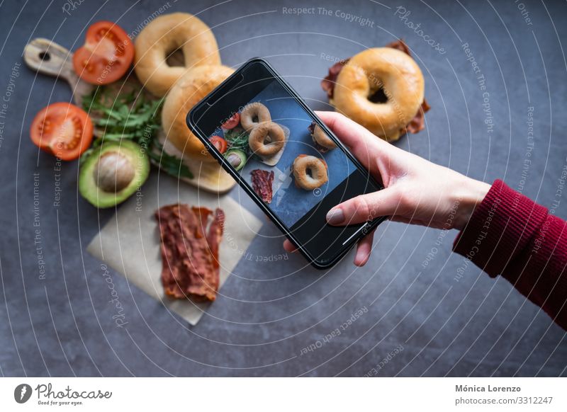 Hand's woman taking a photo of some bagels. Cheese Dough Baked goods Bread Eating Breakfast Diet Cellphone Woman Adults Stove & Oven Fresh blogging Smoked fish