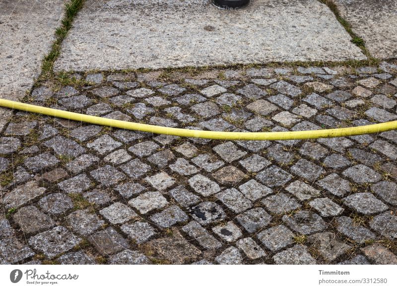 A hose crosses the square Hose Yellow Places Paving stone Concrete slabs lines Stone Exterior shot Deserted Town Pattern Puzzle