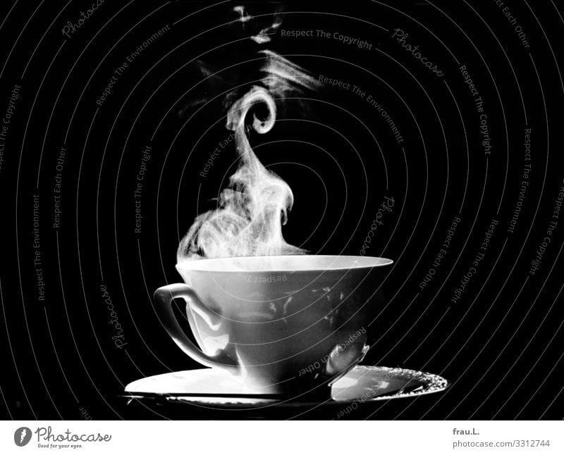 Coffee Beverage Hot drink Plate Cup Spoon Flat (apartment) Beautiful Contentment Steam Black & white photo Interior shot Copy Space left Copy Space right