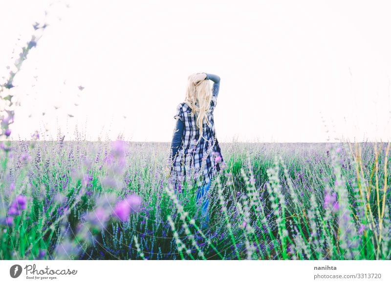 Young blonde woman alone in a lavender field Lifestyle Style Beautiful Wellness Harmonious Well-being Far-off places Freedom Summer Garden Gardening Human being