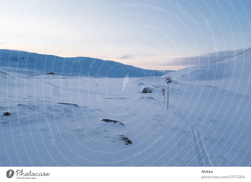 A ski track in a monochrome blue winter landscape, path markings for snowmobiles in the blue hour Blue Snowscape The Arctic Twilight Lanes & trails Road marking