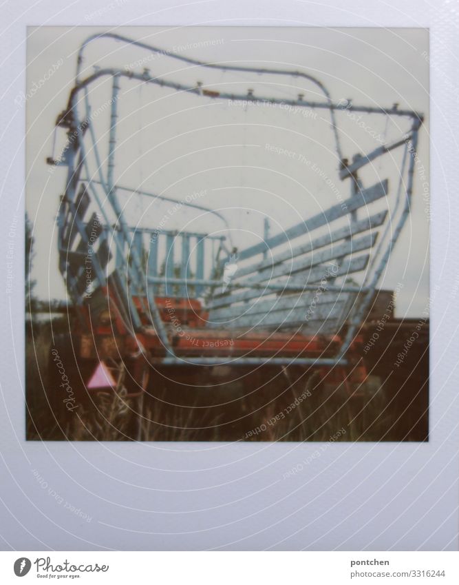 Polaroid photo of agricultural vehicle combine harvester Agriculture Forestry Stagnating Farm Farmer Combine Trailer Hay Harvest Work and employment