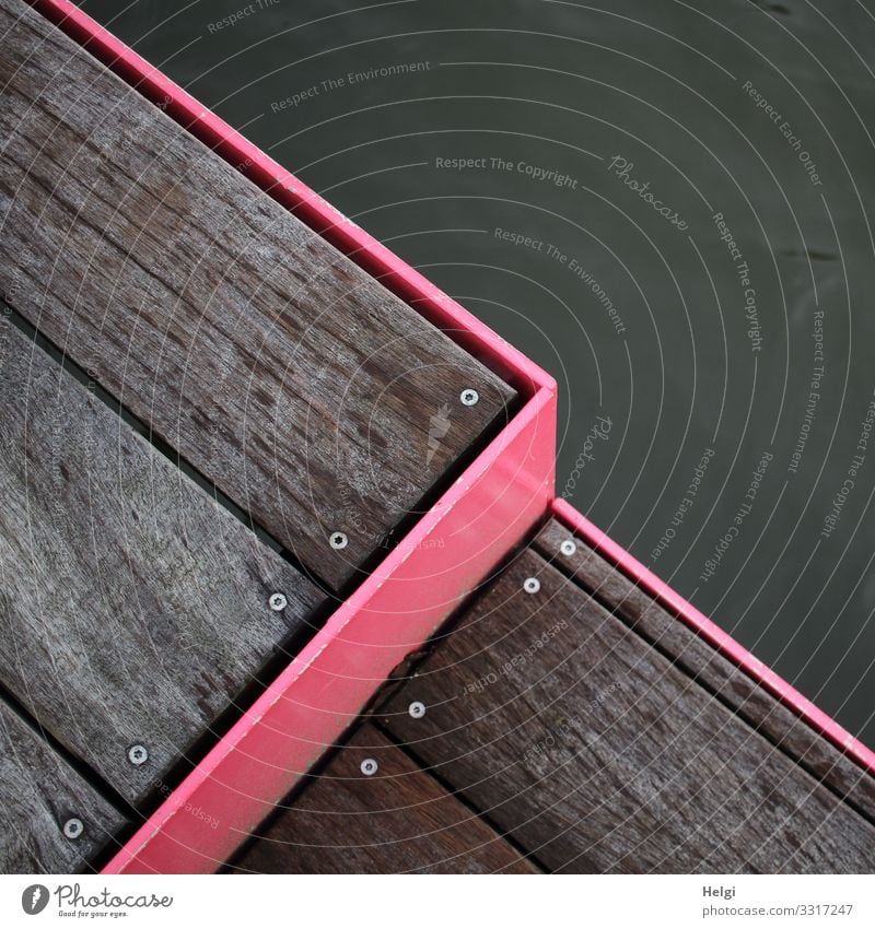 graphic representation of a wooden and metal seating at the lake Water Stairs Terrace Wood Metal Esthetic Sharp-edged Simple Uniqueness Brown Gray Pink