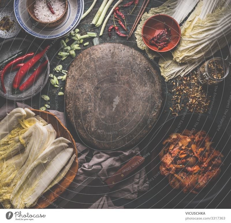 Kimchi preparation with ingredients Food Vegetable Herbs and spices Nutrition Organic produce Vegetarian diet Diet Asian Food Crockery Design Healthy Eating