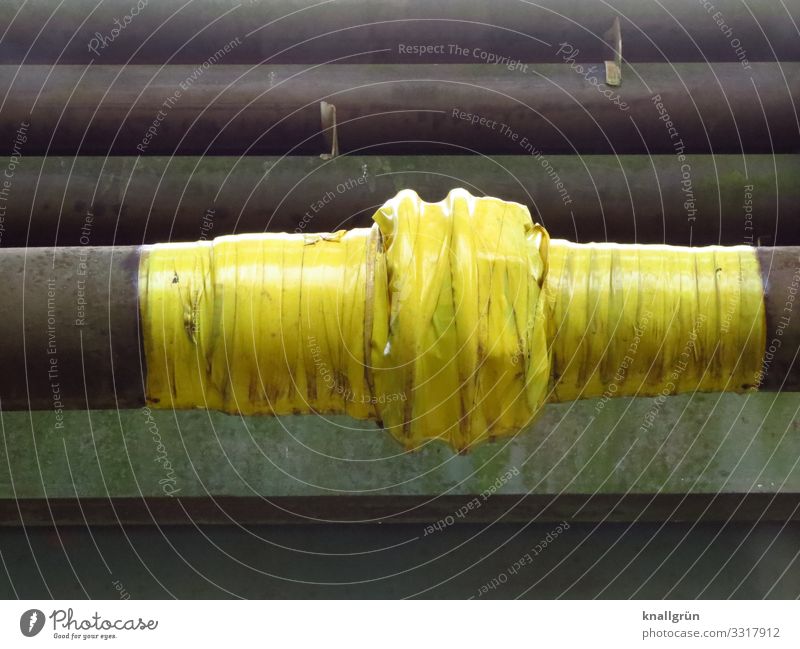 Taped Pipe Adhesive tape Dirty Broken Yellow Gray Safety Protection Wrapped around Closed Colour photo Exterior shot Deserted Copy Space top Copy Space bottom