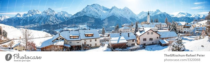Lower Engadine Nature Blue White ftan Panorama (View) Panorama (Format) House (Residential Structure) Snow Winter Mountain Sun Blue sky Church Village