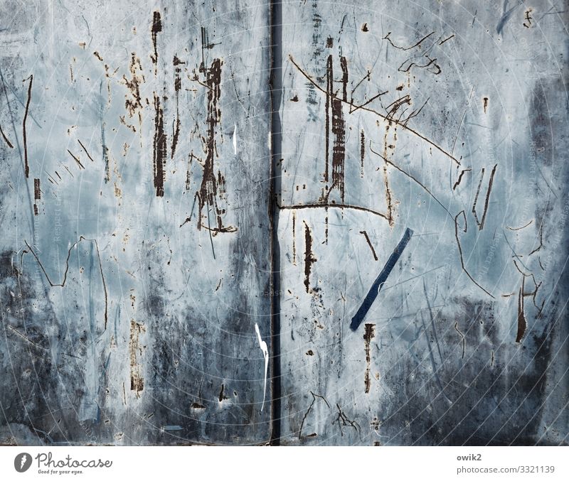 Large flap Tin Flap Scratch Metal Old Trashy Gray-blue Slate blue Scratch mark Claw mark Ravages of time Colour photo Exterior shot Detail Abstract