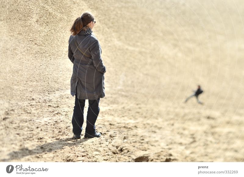 daydreams Human being Feminine Woman Adults 2 45 - 60 years Landscape Blue Brown Sand Slope Tilt-Shift Colour photo Exterior shot Day Light Shadow