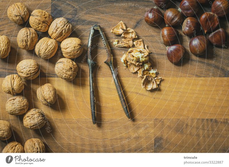 Walnuts and chestnuts Food Fruit Nature Wood Old Healthy Delicious Brown Yellow To enjoy Snack Protein Vegan diet Cooking Gourmet Hazelnut Nutcrackers