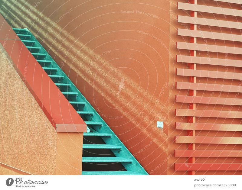Duotone Building Wall (barrier) Wall (building) Stairs Banister Metal Plastic Sharp-edged Simple Modern Red Turquoise Upward Colour photo Exterior shot Detail