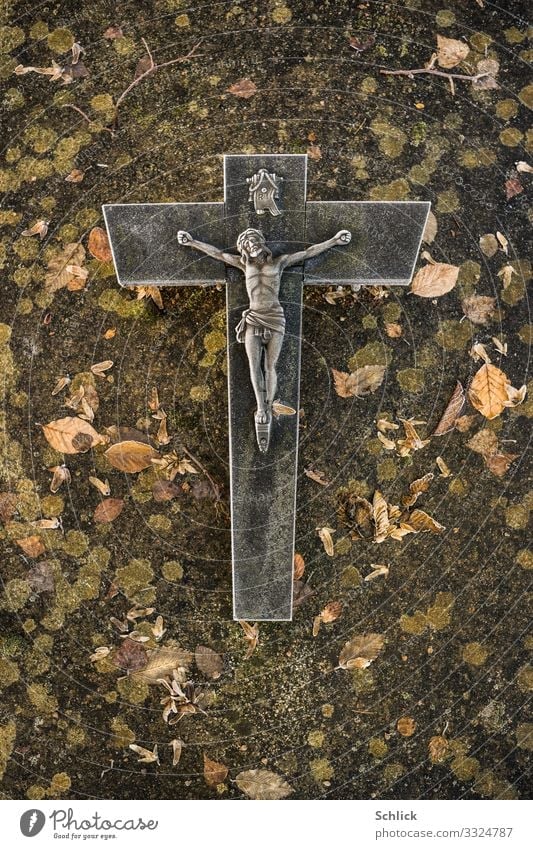 grave Christian cross Jesus Christ Grave Tombstone Stone Metal Brown Gray Green Black Dedication Sadness Grief Death Pain Pastel tone Religion and faith