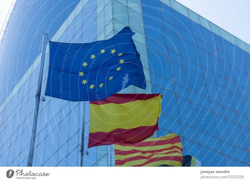 Flags of Europe, Spain and Catalonia. Vacation & Travel Barcelona Blue Building Championship Countries Crystal Glass Culture curtain wall Democracy eurocopa
