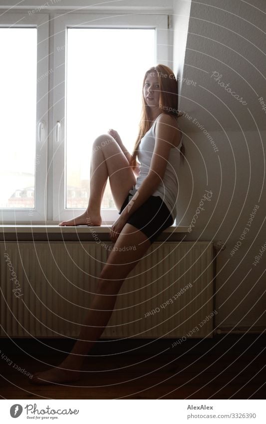 Young woman sitting at the window Lifestyle Beautiful Well-being Living or residing Flat (apartment) Heater Window Youth (Young adults) Legs 18 - 30 years