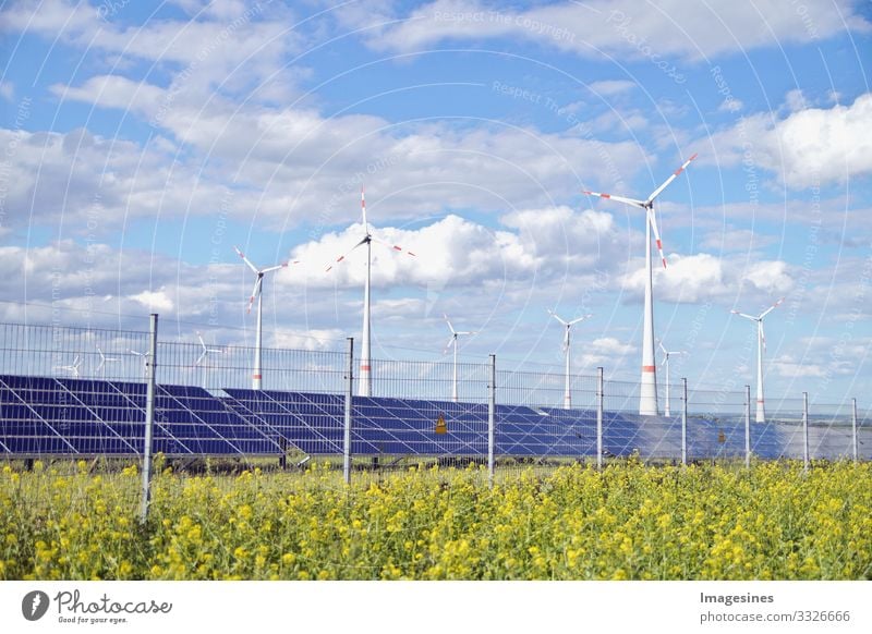 Renewable Energies Technology Energy industry Solar Power Wind energy plant Energy crisis Industry Environment Nature Landscape Meadow Field "solar system
