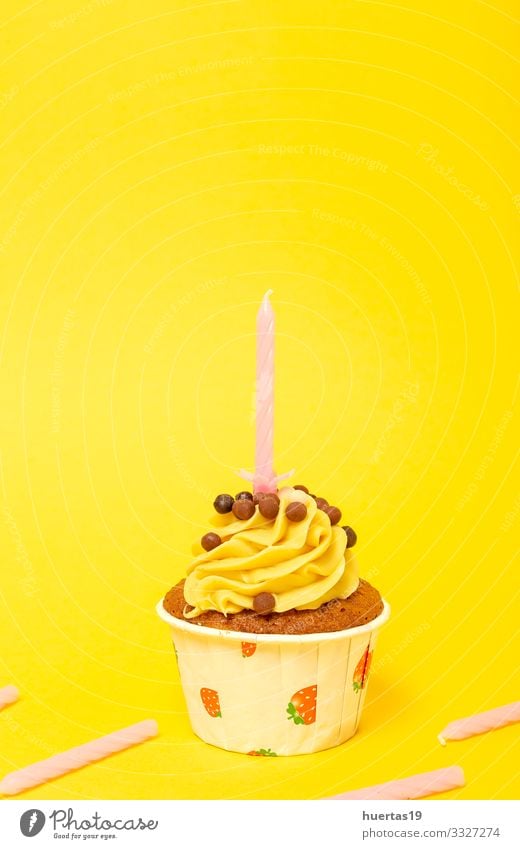 Birthday Homemade Cupcake with candle Food Dessert Candy Chocolate Happy Decoration Feasts & Celebrations Candle String Delicious Yellow Colour Baking sweet