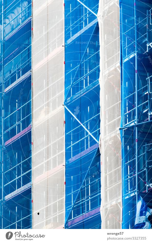 blue-white covering Magdeburg House (Residential Structure) Facade Town Blue White Change Living or residing Scaffolding Net Blue-white Construction site