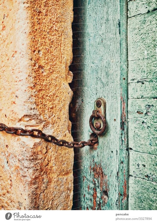 chain reaction Chain Door Old Entrance locked Lock Green Yellow Italy Wall (barrier) Facade Architecture Exterior shot Manmade structures