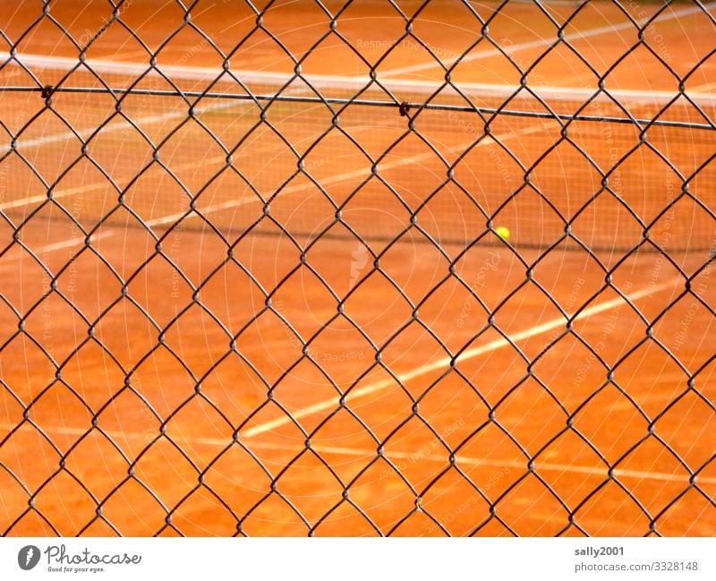 Tennis court on the outside... Tennis ball Sand place Tennis Game Red Yellow Wire netting fence cordon Safety forbidden Collateralization Protection Sports