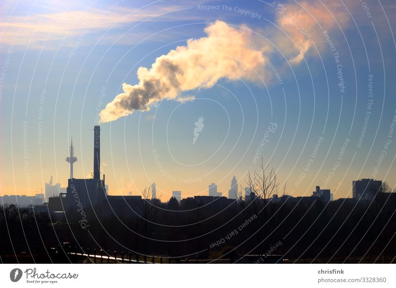 Smoking chimney in front of big city Living or residing Economy Industry Advancement Future Energy industry Energy crisis Environment Clouds Sunlight Climate