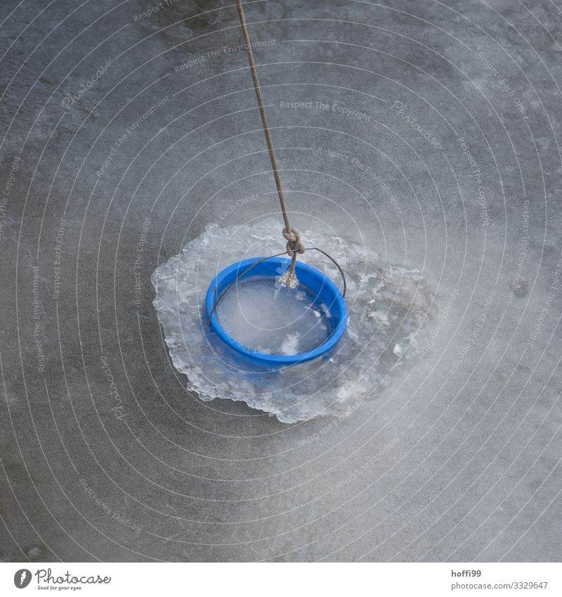 Bucket in ice Bad weather Ice Frost Lake River Carry handle Rope Frozen surface Water Exceptional Threat Firm Cold Broken Wet Natural Round Strong Gloomy End